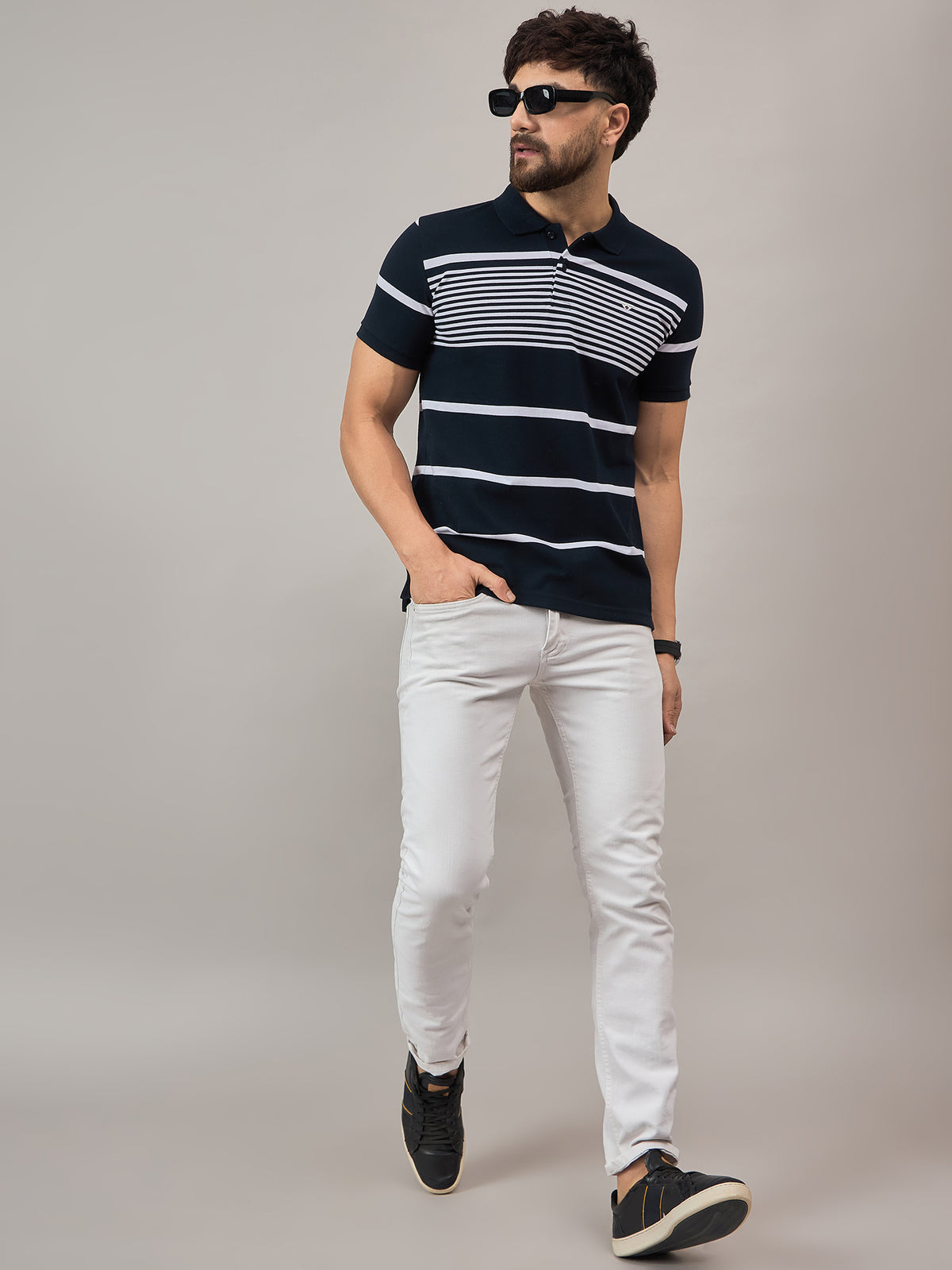Navy Striped Polo T-Shirt
