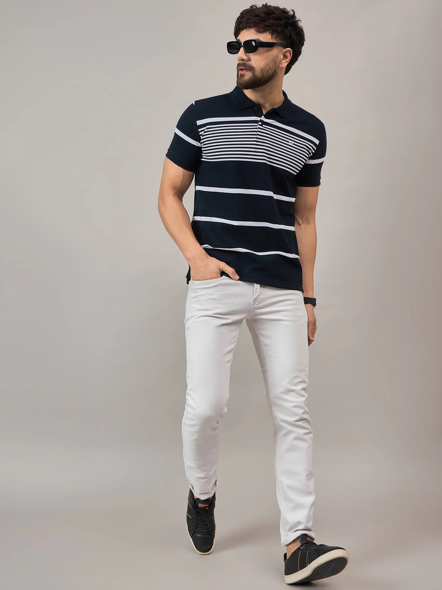 Men Navy Striped Polo T-Shirt Black