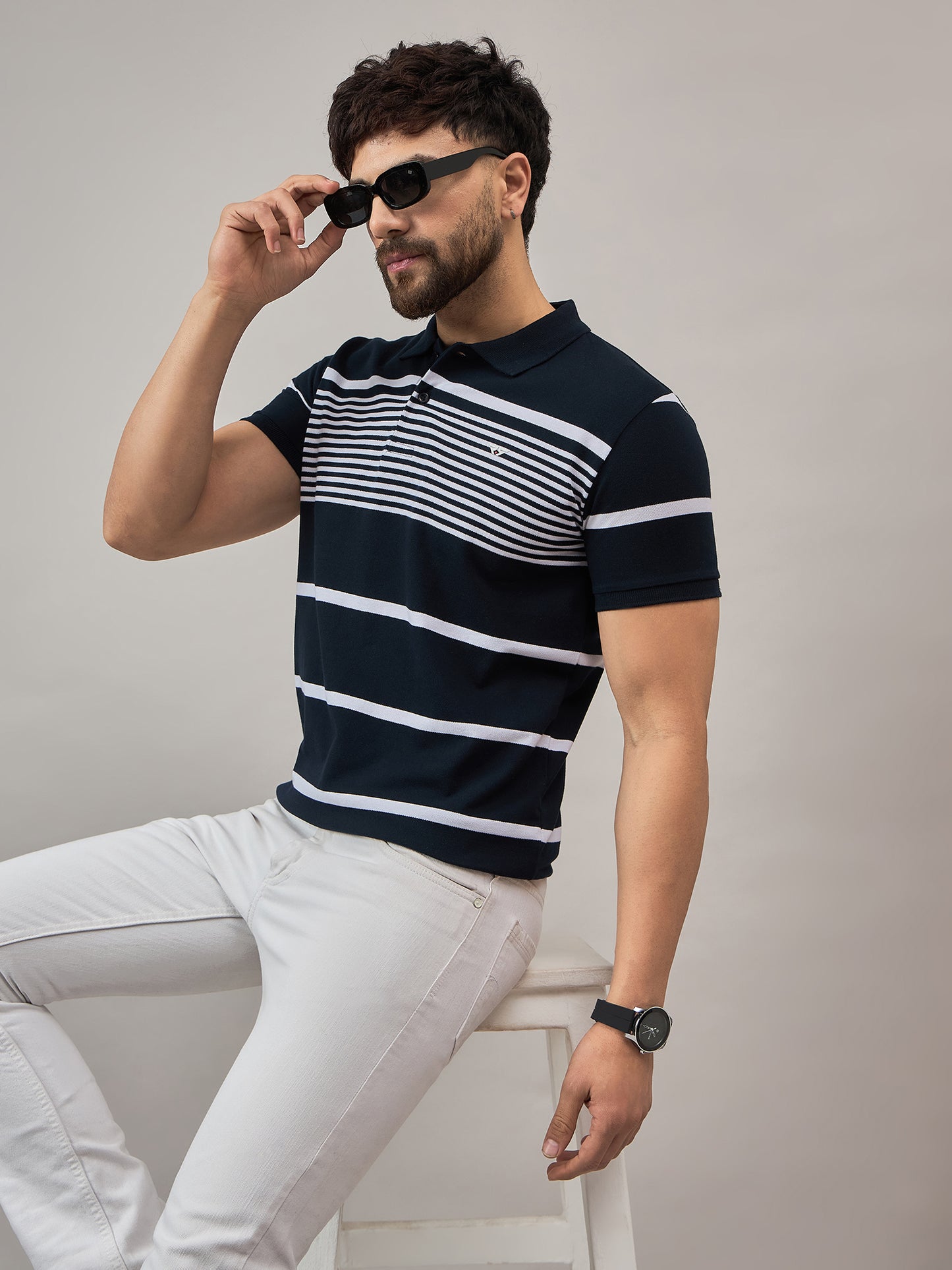 Navy Striped Polo T-Shirt