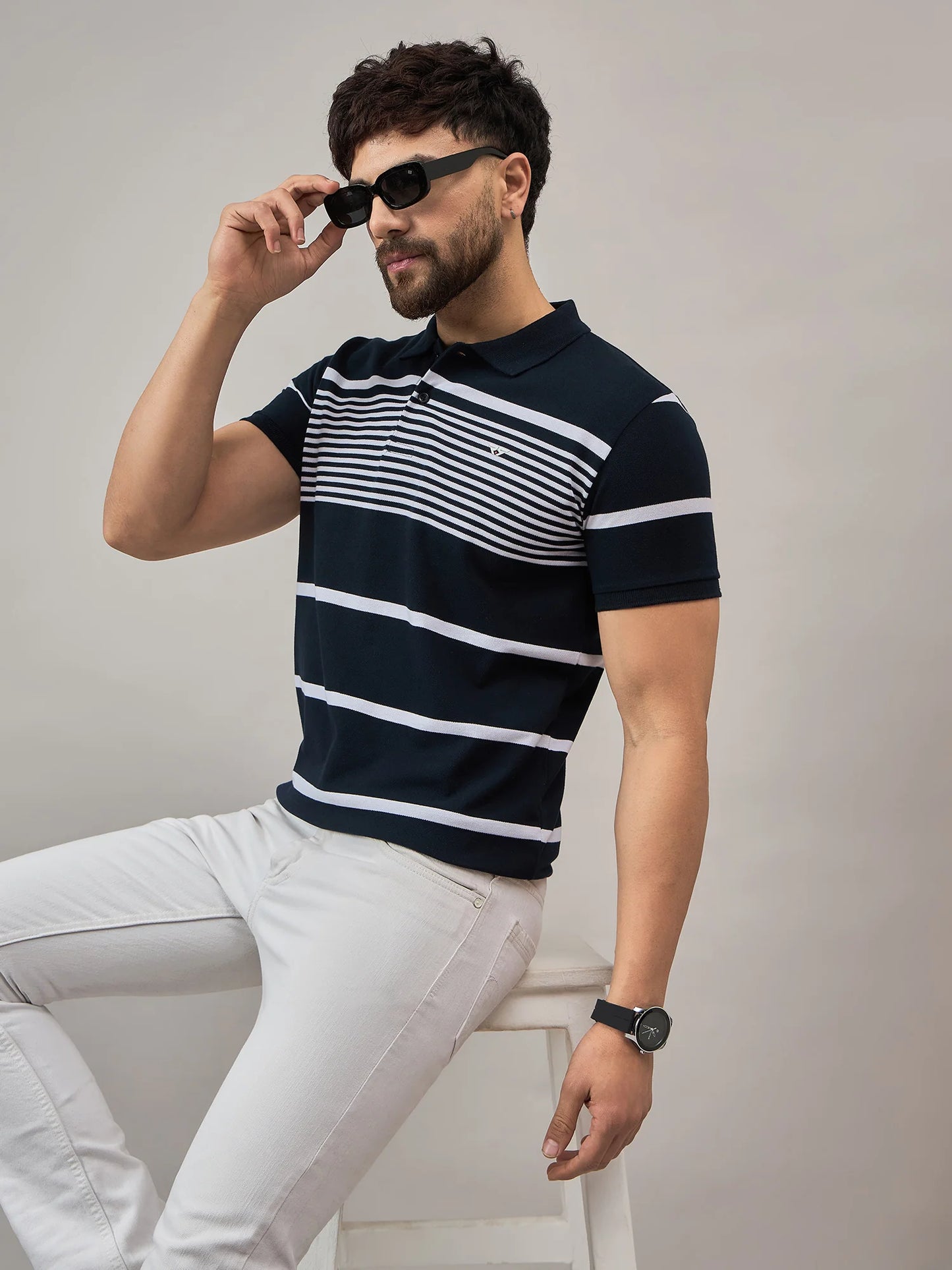 Men Navy Striped Polo T-Shirt Black
