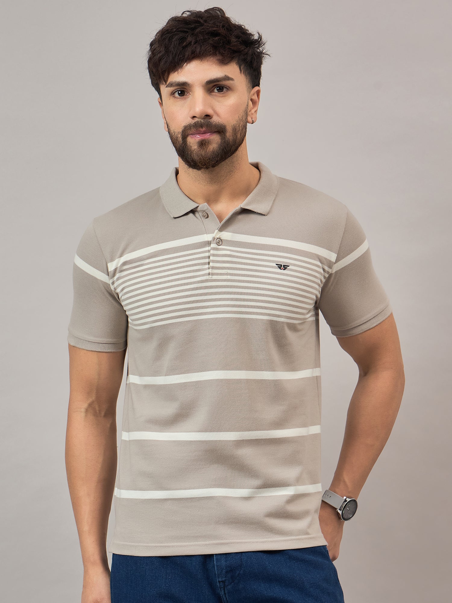 Beige Striped Polo T-Shirt