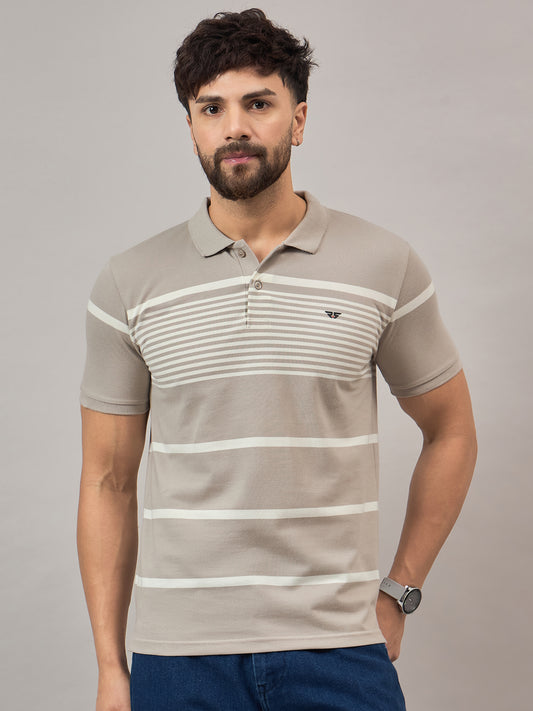 Beige Striped Polo T-Shirt