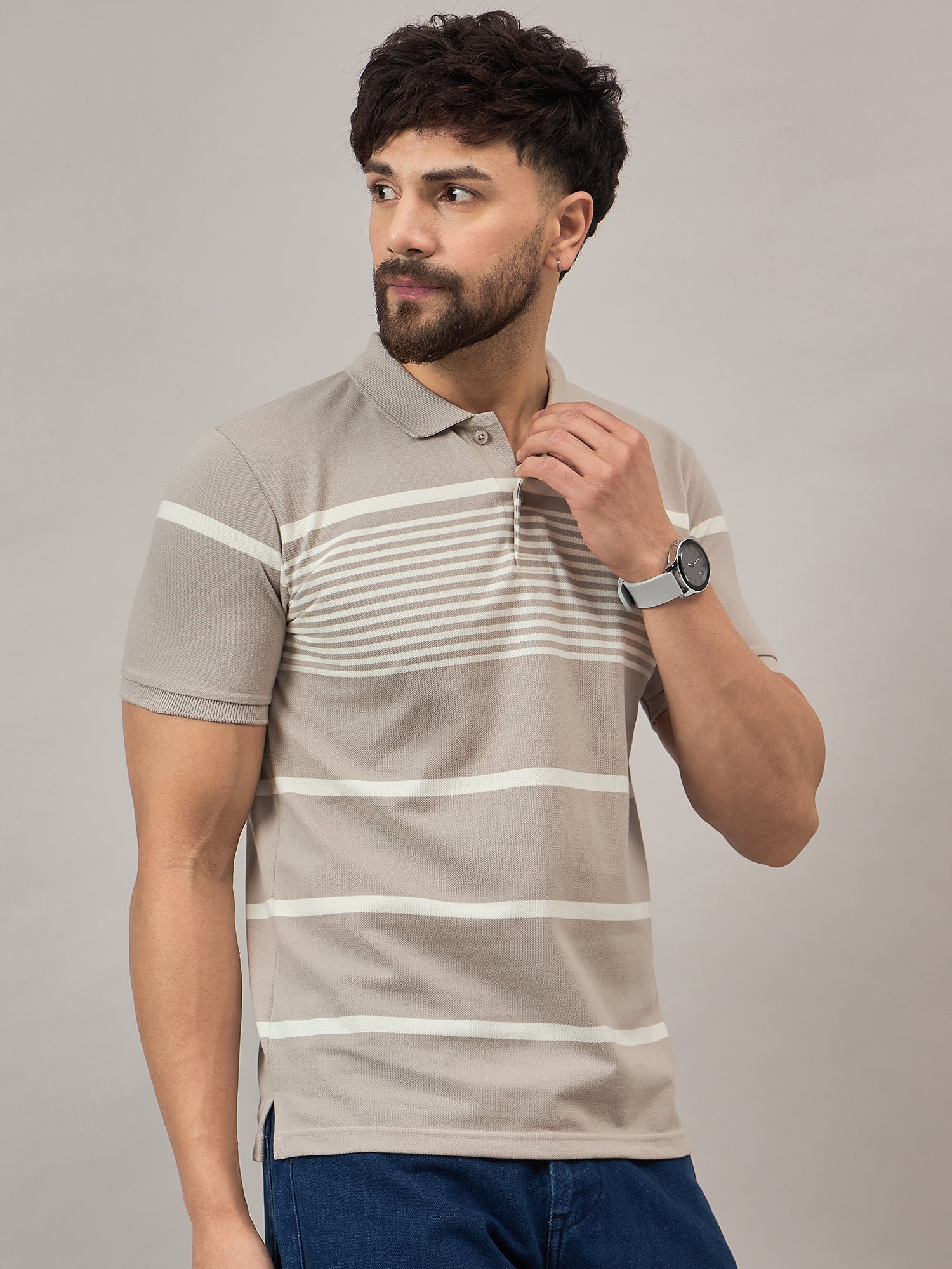Beige Striped Polo T-Shirt