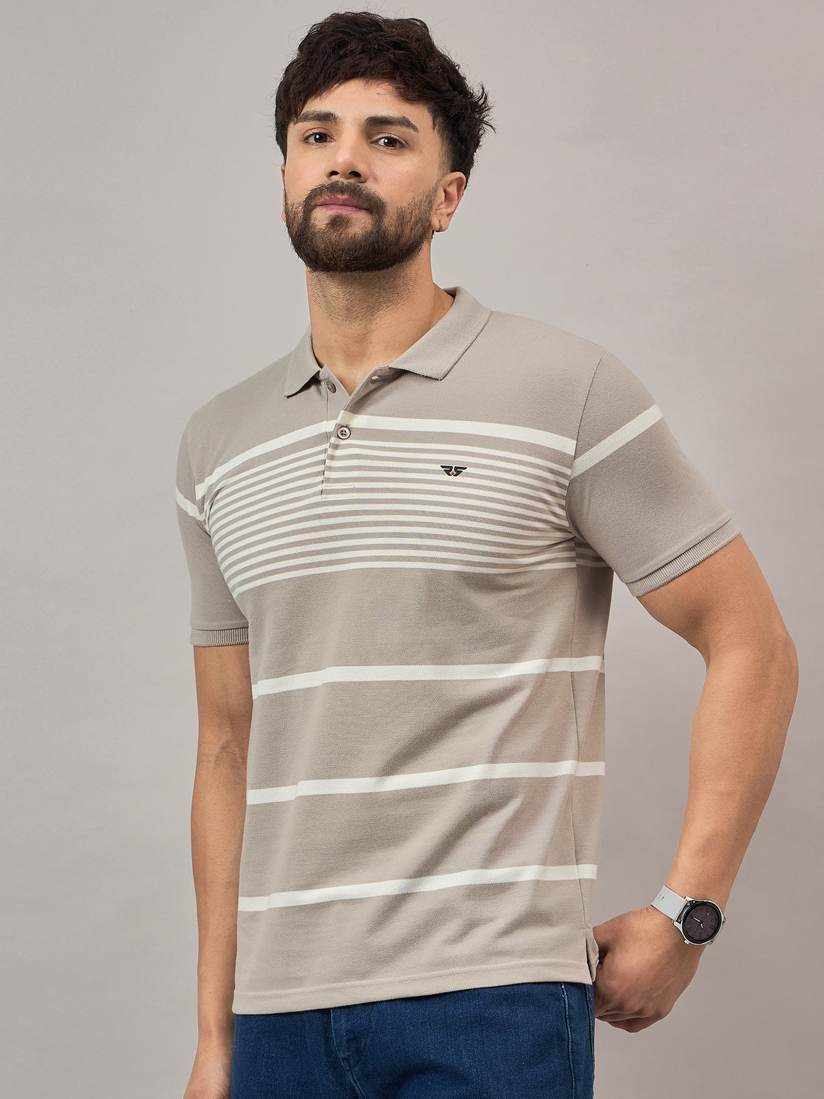 Beige Striped Polo T-Shirt