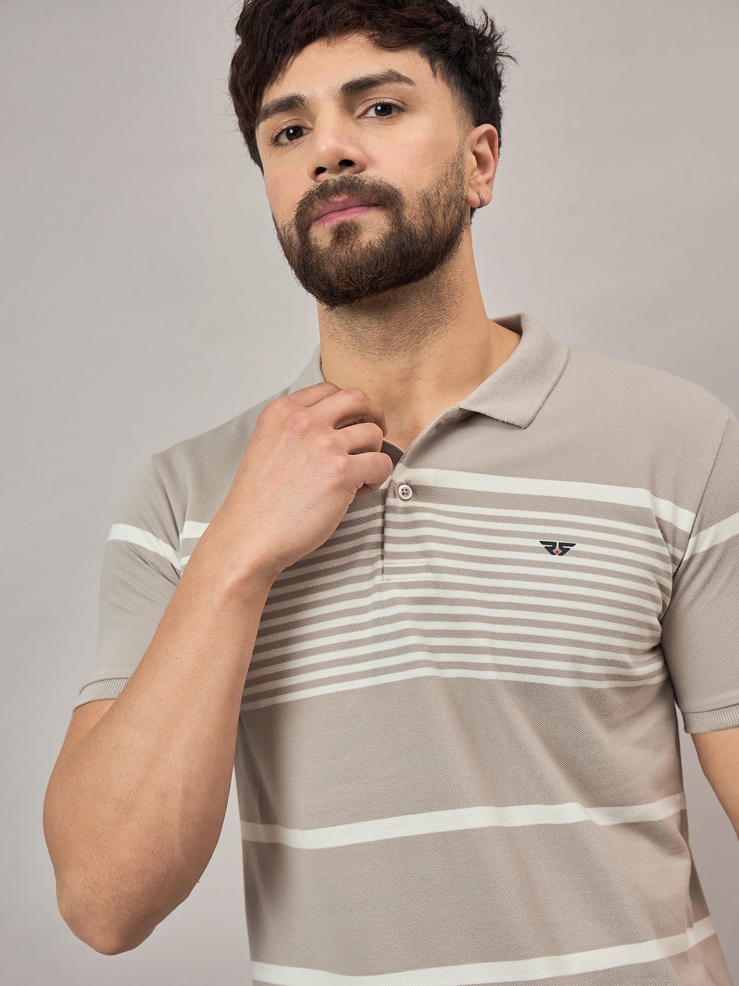 Beige Striped Polo T-Shirt