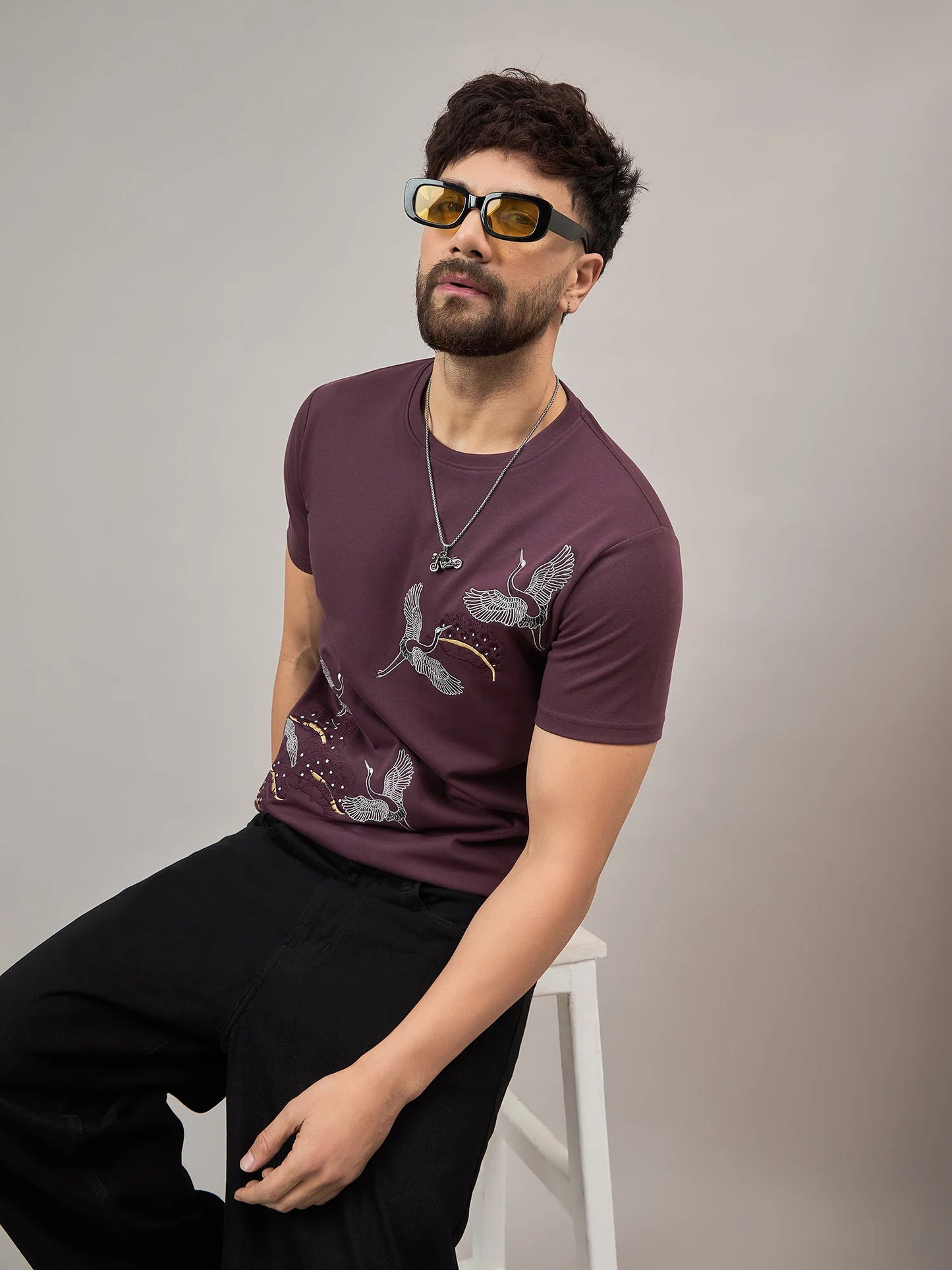 Men Printed Round Neck T-shirt Mauve