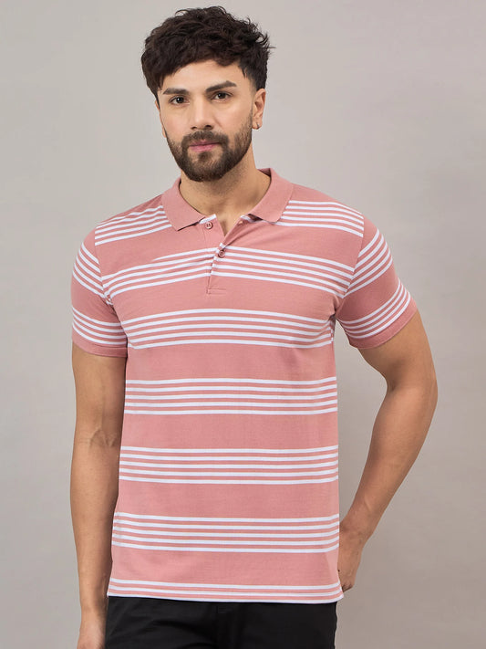 Men Pink Striped Polo T-Shirt