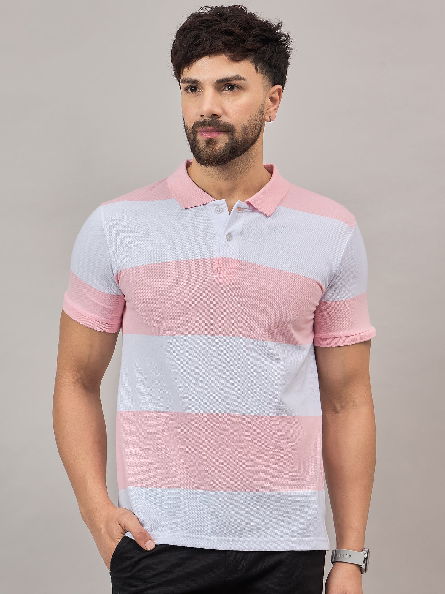 Dark Pink Striped Polo T-Shirt