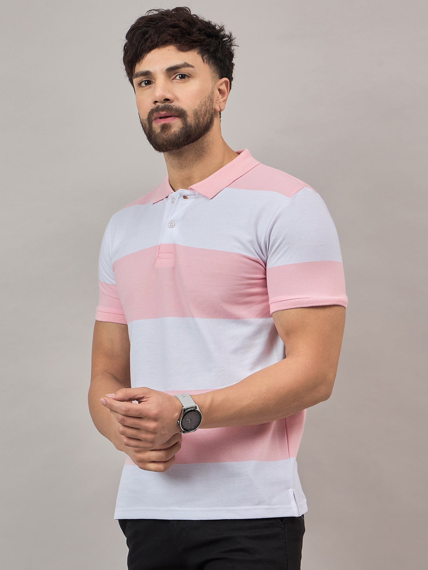 Dark Pink Striped Polo T-Shirt