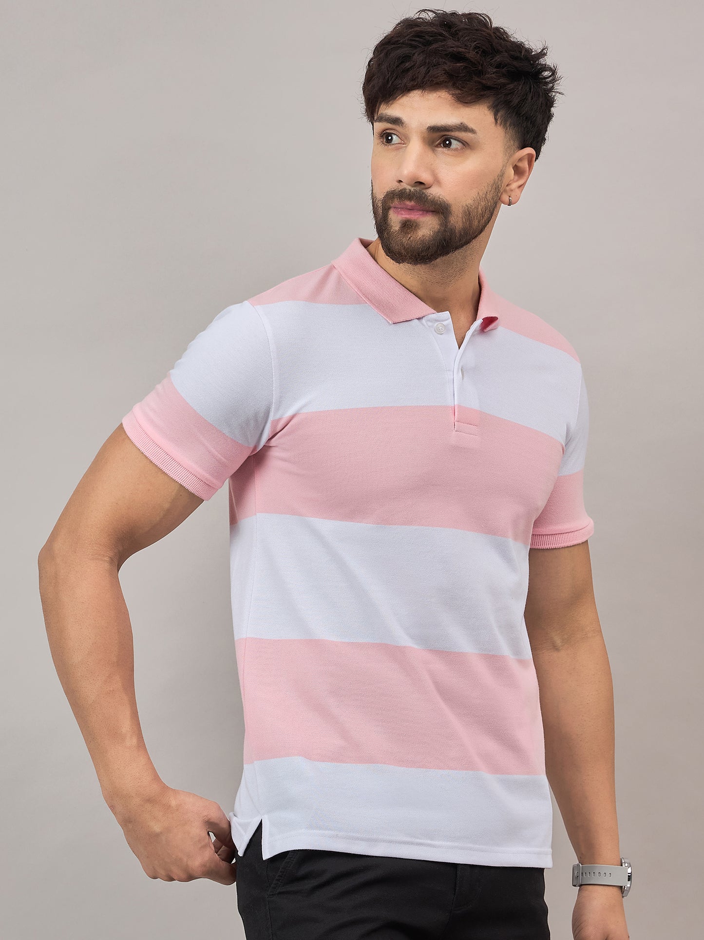 Dark Pink Striped Polo T-Shirt