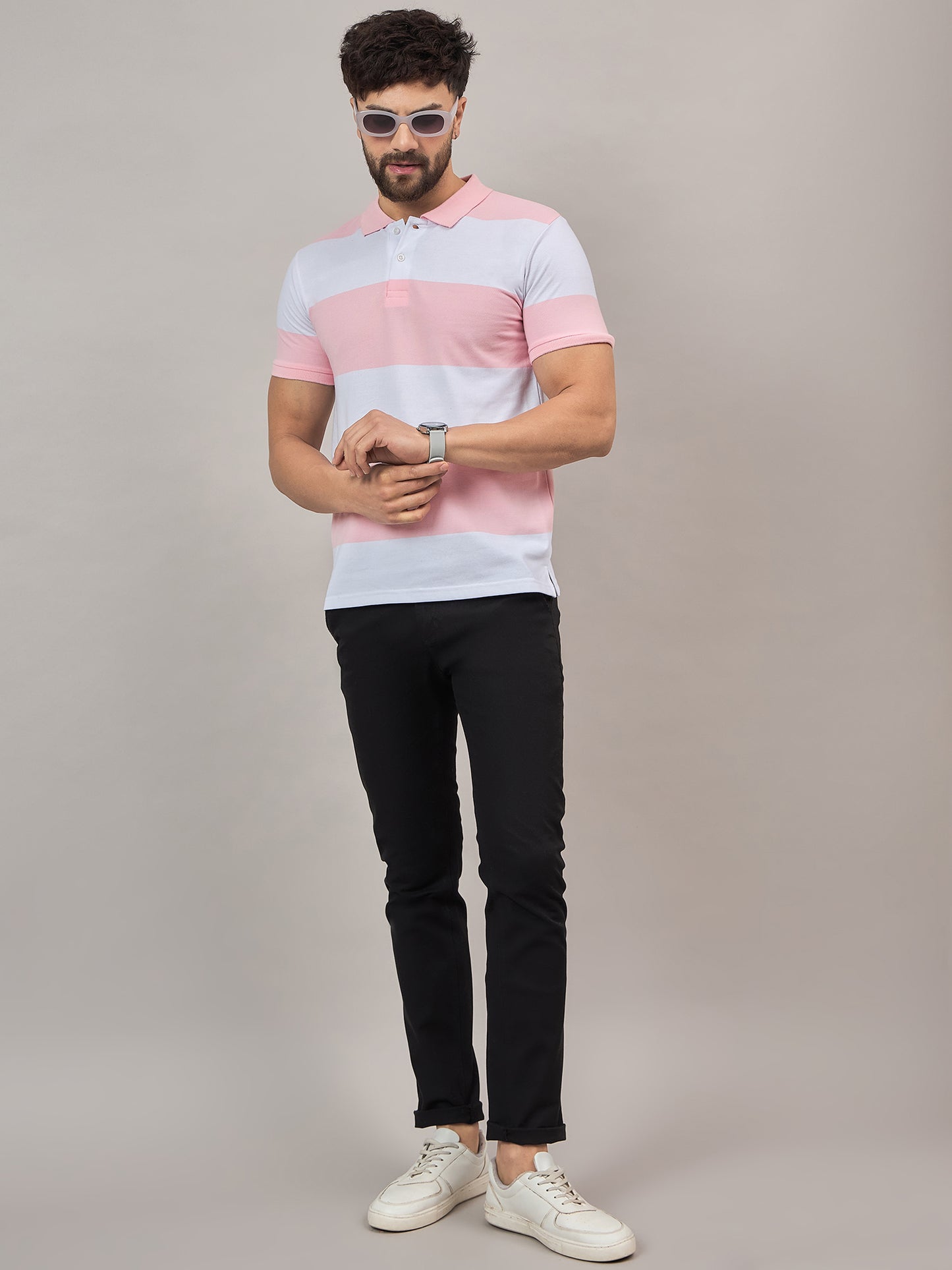 Dark Pink Striped Polo T-Shirt
