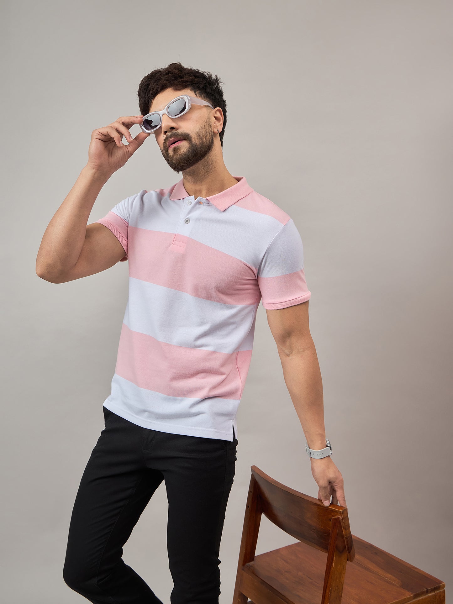 Dark Pink Striped Polo T-Shirt