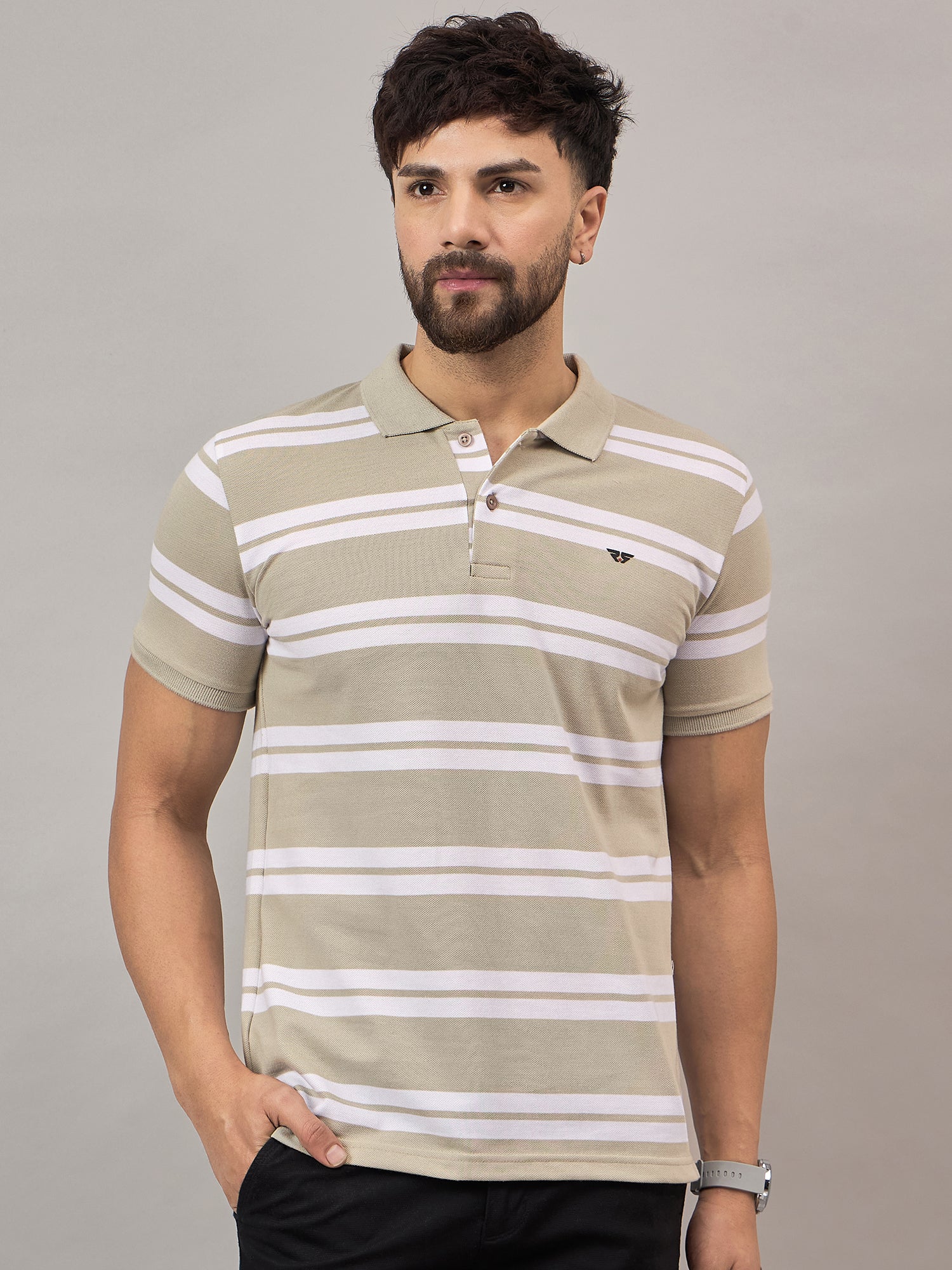 Beige Striped Polo T-Shirt