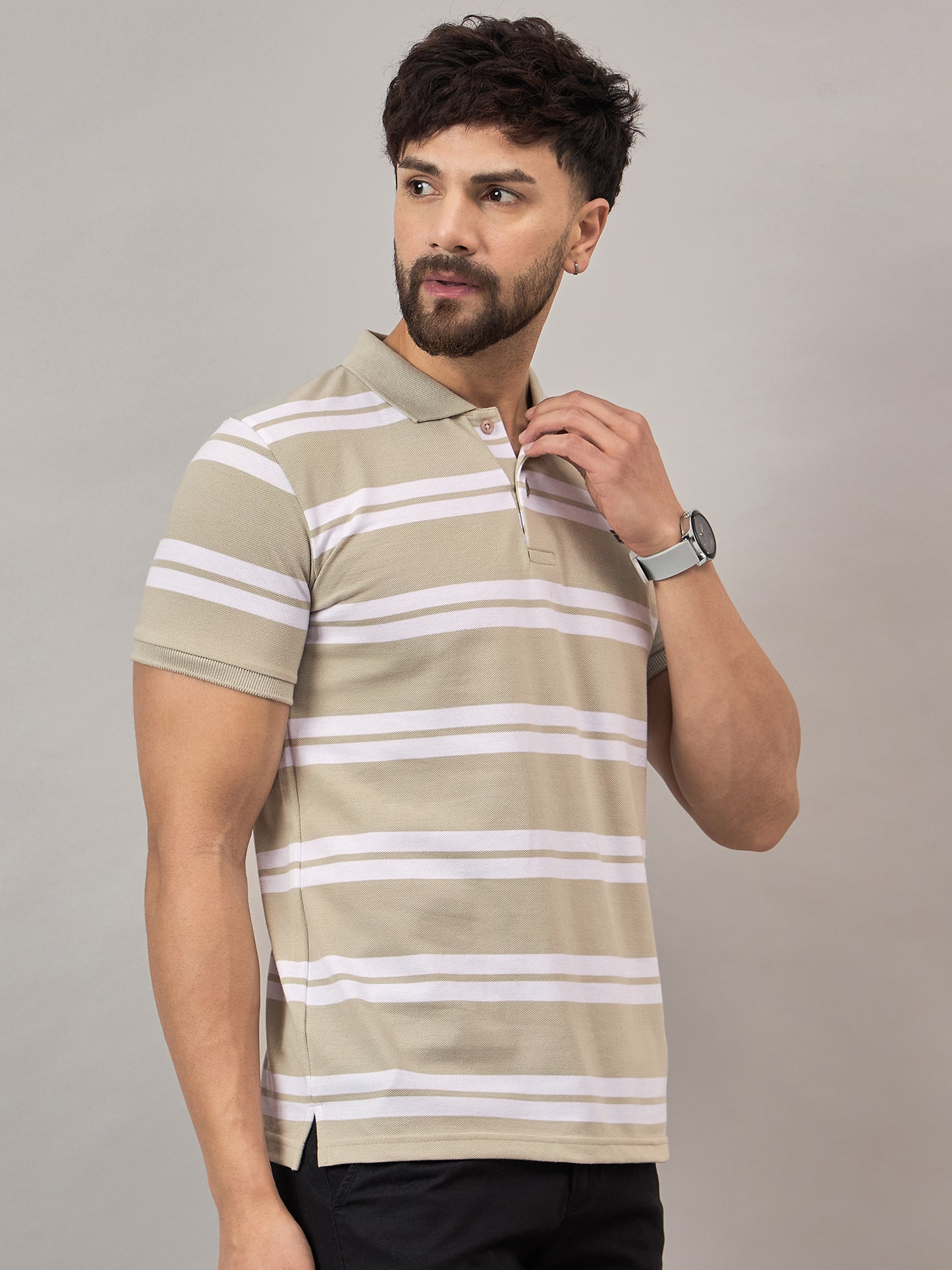 Beige Striped Polo T-Shirt