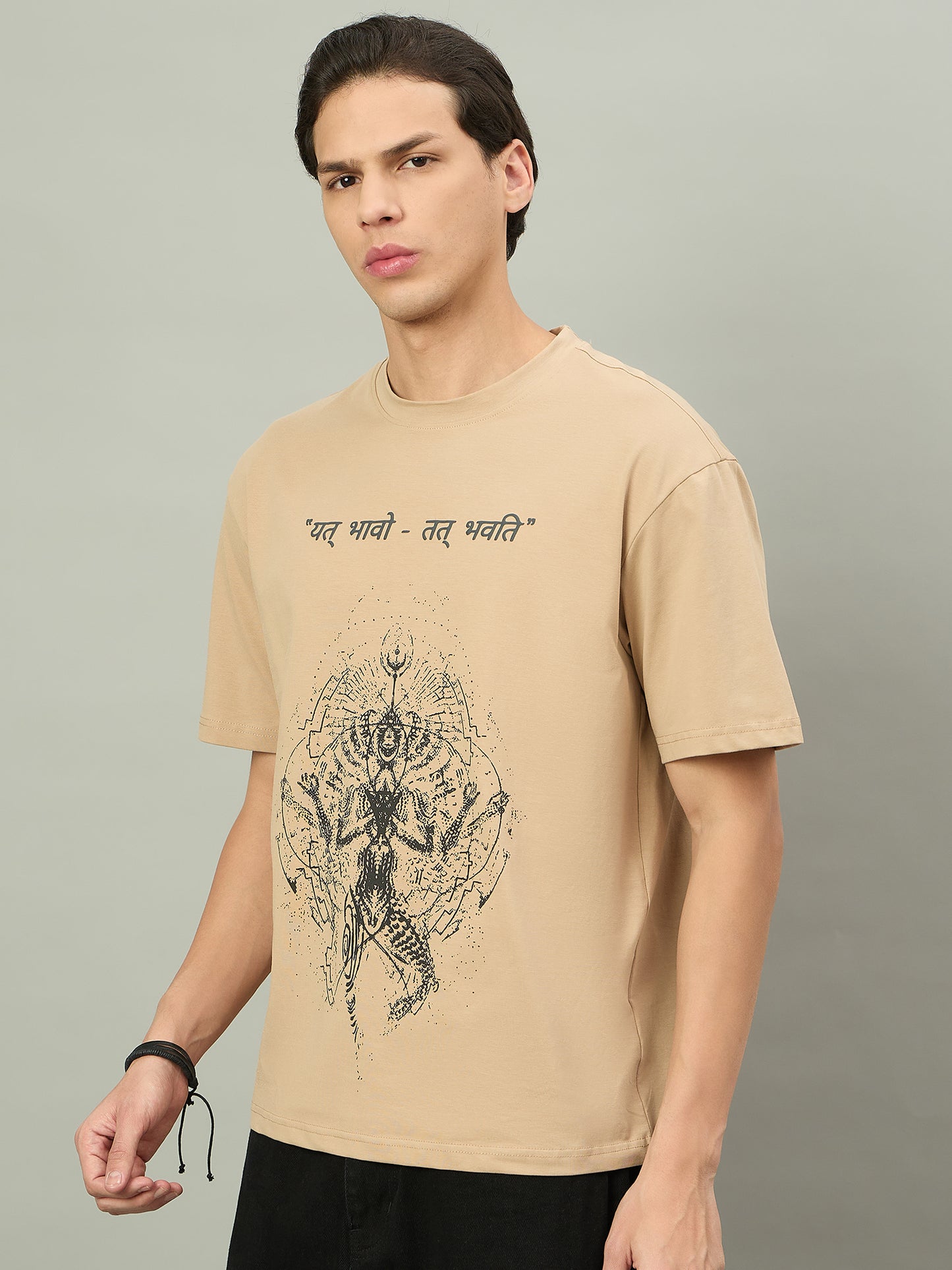 Men Summer Beige Solid Round Neck Half Sleeve Hindi Wording Tshirt