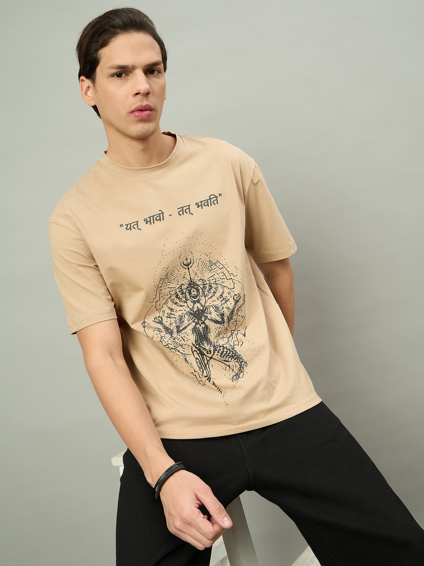 Men Summer Beige Solid Round Neck Half Sleeve Hindi Wording Tshirt
