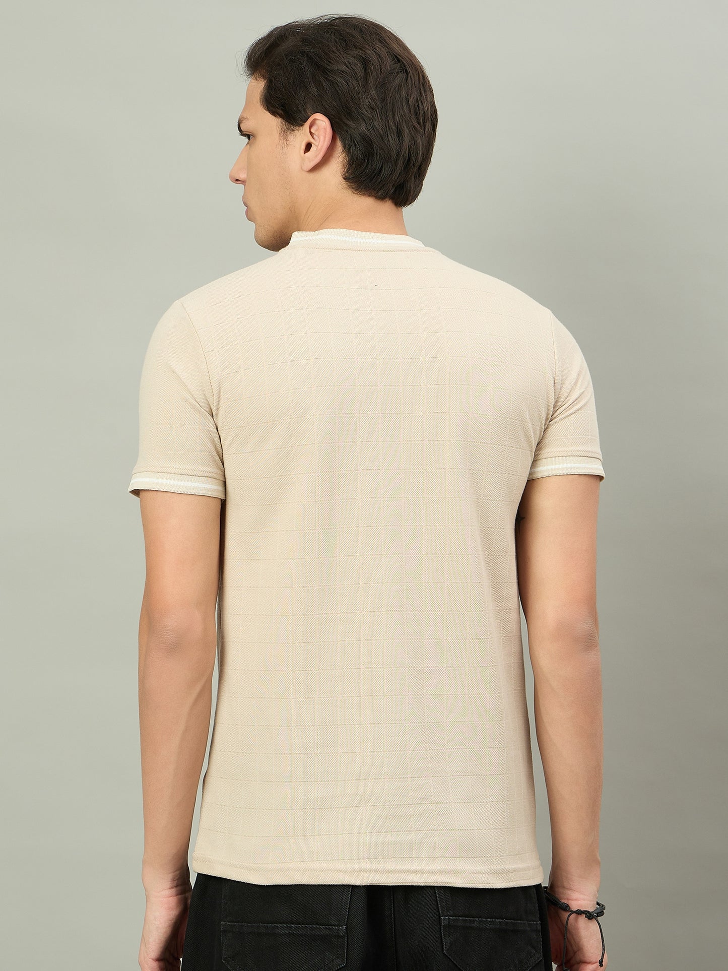 Men Summer Beige Solid Round Neck Half Sleeve Tshirt