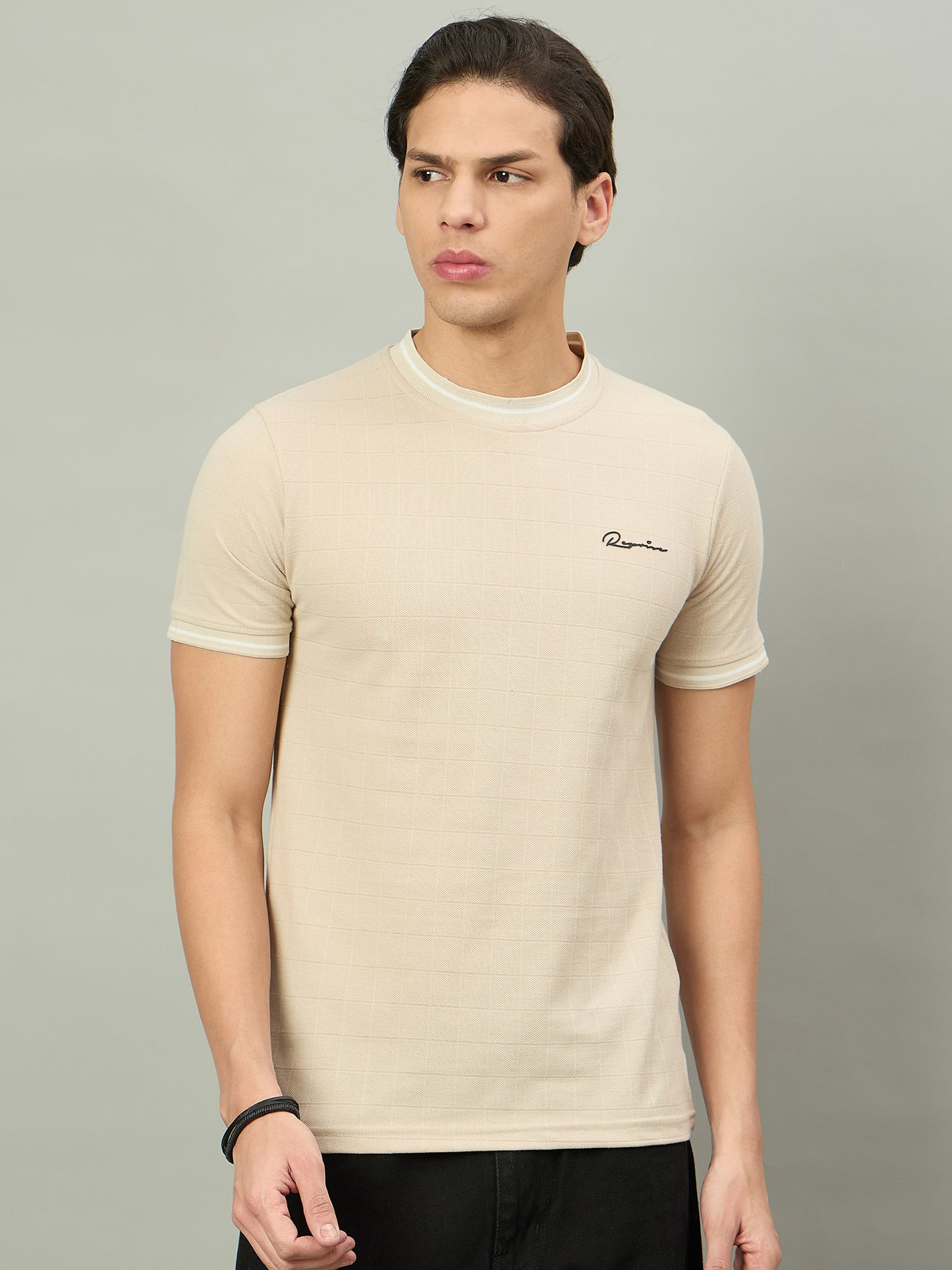 Men Summer Beige Solid Round Neck Half Sleeve Tshirt