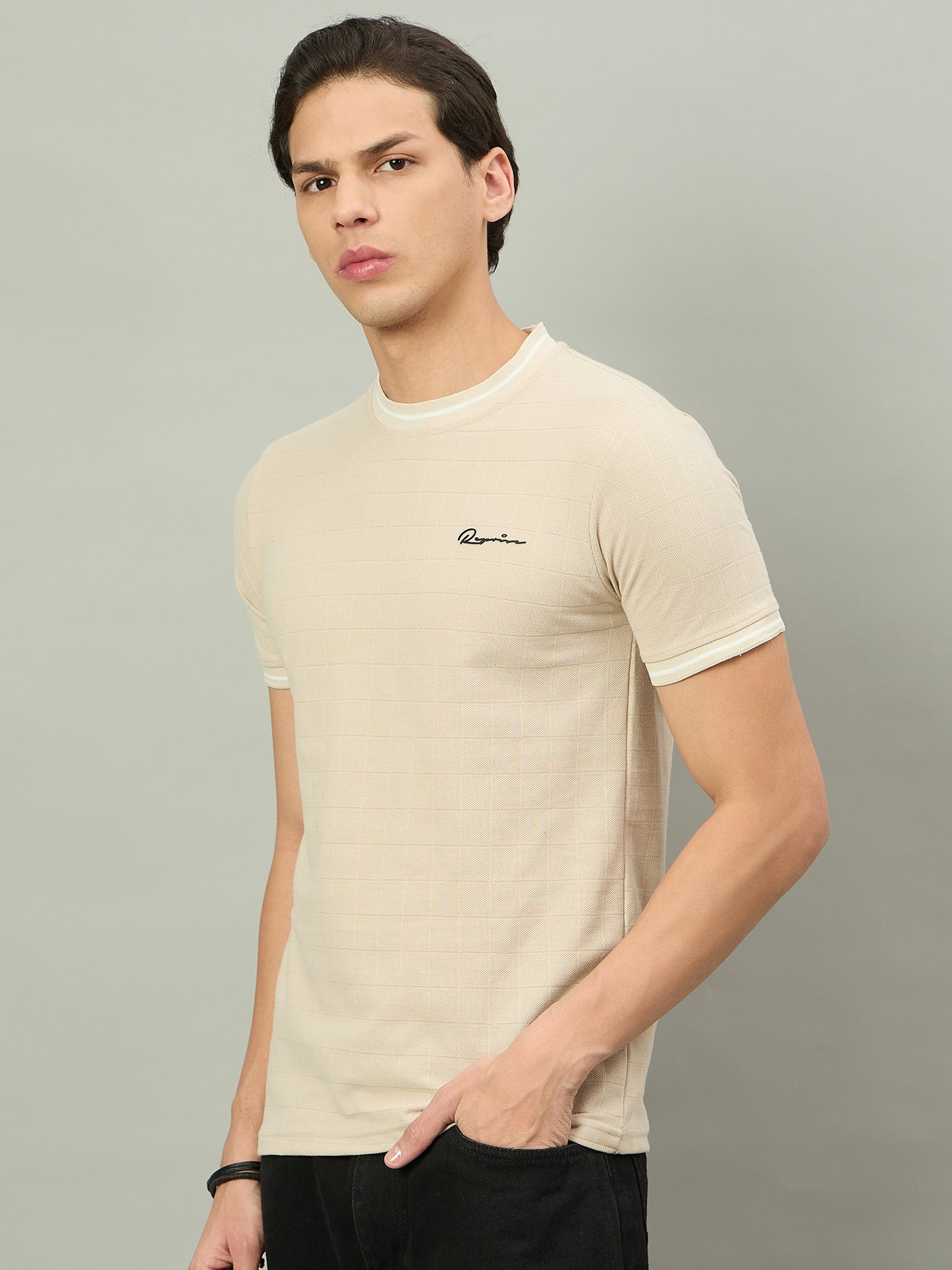 Men Summer Beige Solid Round Neck Half Sleeve Tshirt