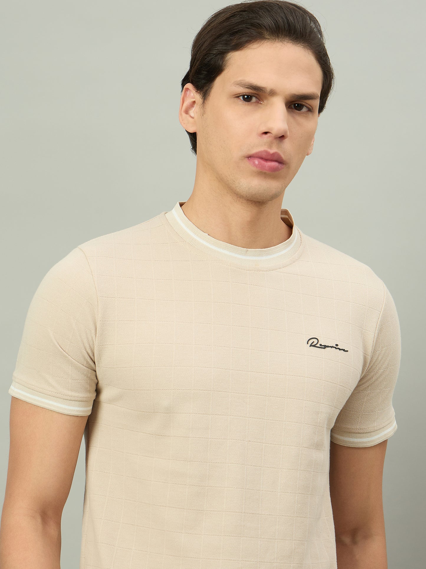 Men Summer Beige Solid Round Neck Half Sleeve Tshirt