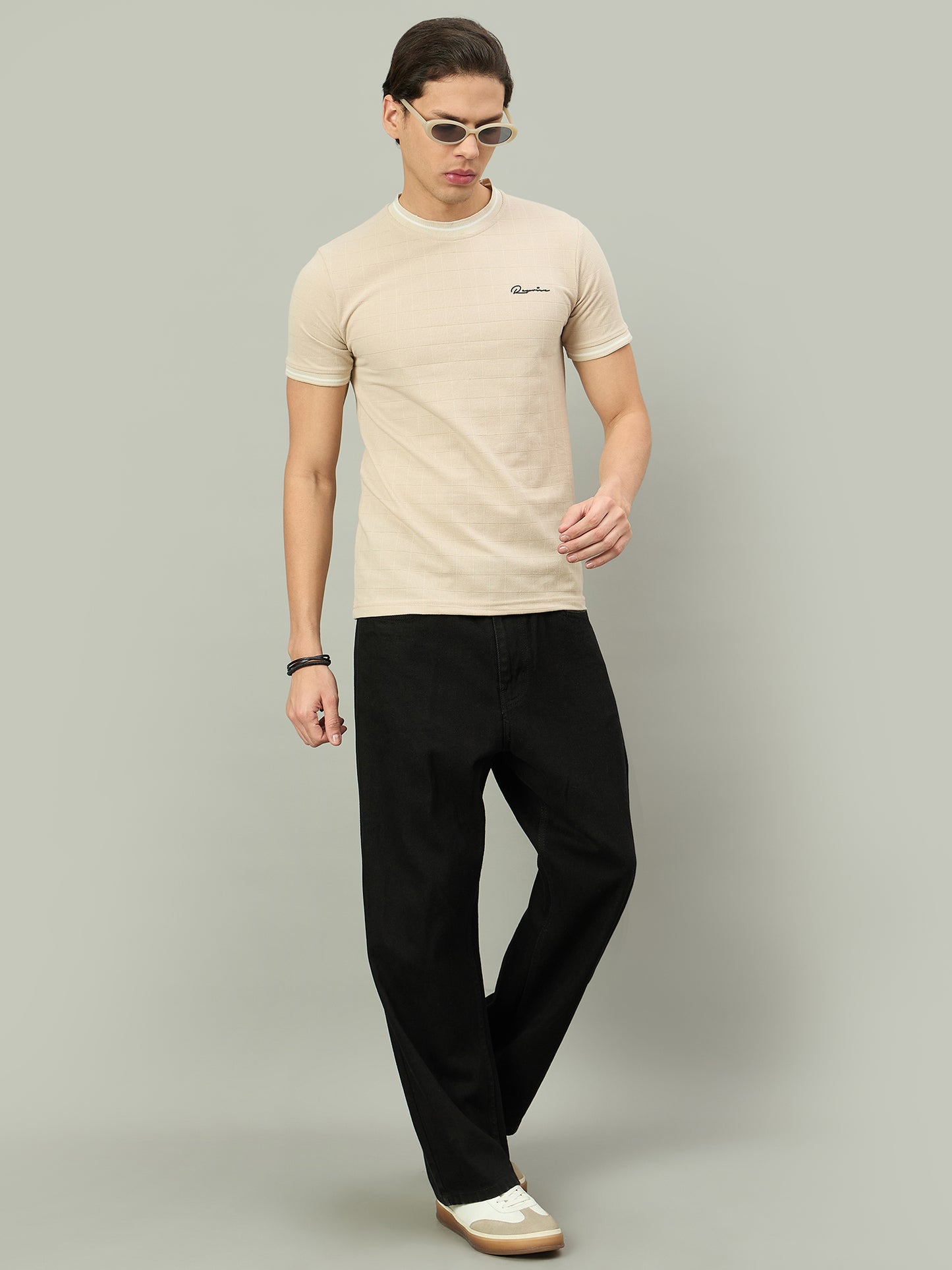 Men Summer Beige Solid Round Neck Half Sleeve Tshirt