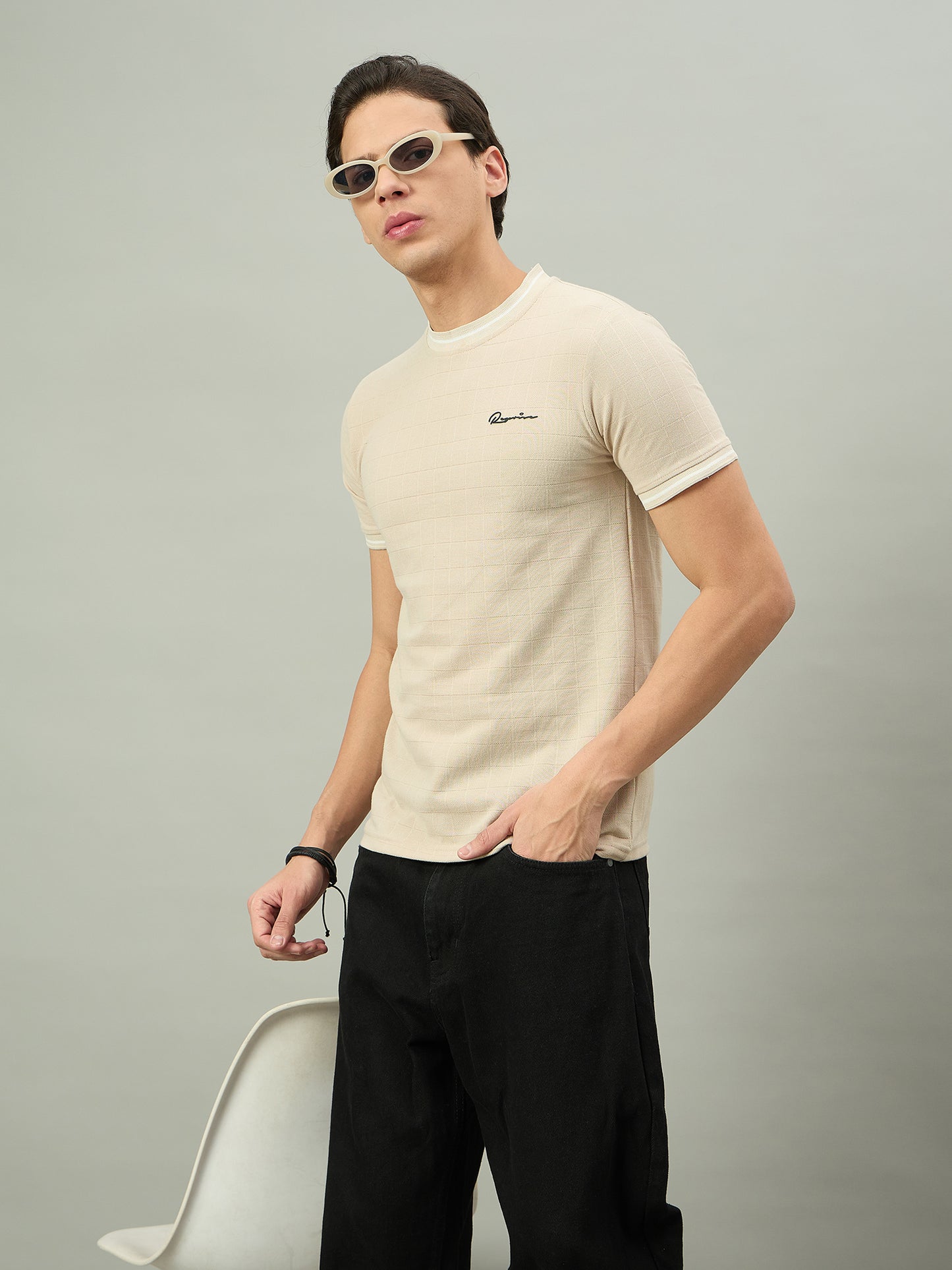 Men Summer Beige Solid Round Neck Half Sleeve Tshirt