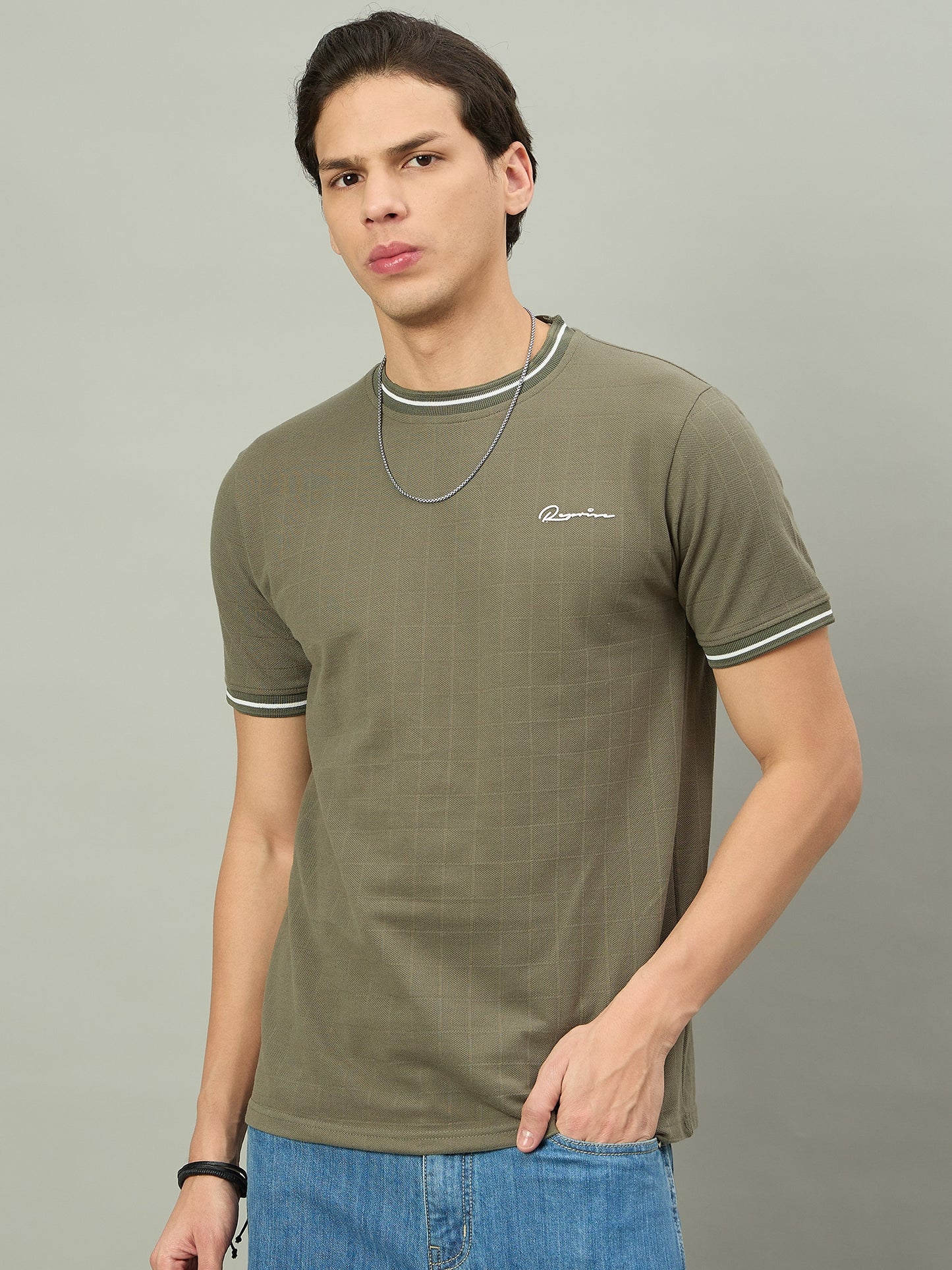 Men Summer Olive Solid Round Neck Half Sleeve Tshirt