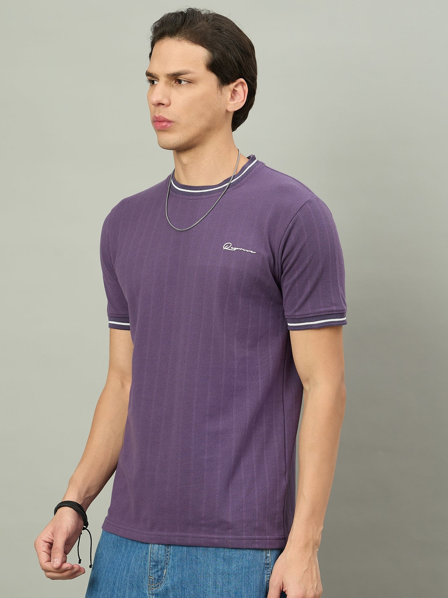 Men Summer Purple Solid Round Neck Half Sleeve Tshirt