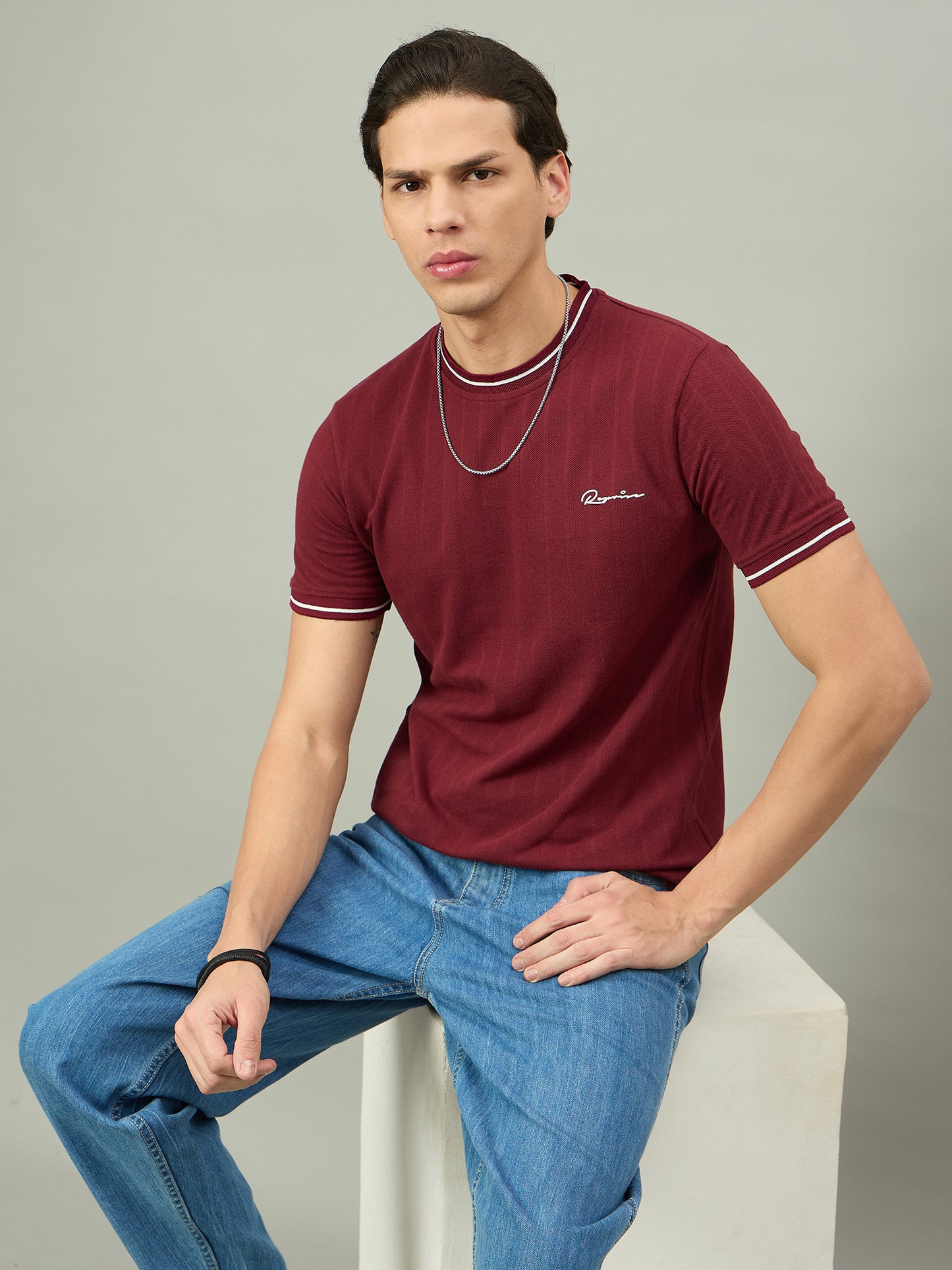 Men Summer Maroon Solid Round Neck Half Sleeve Tshirt