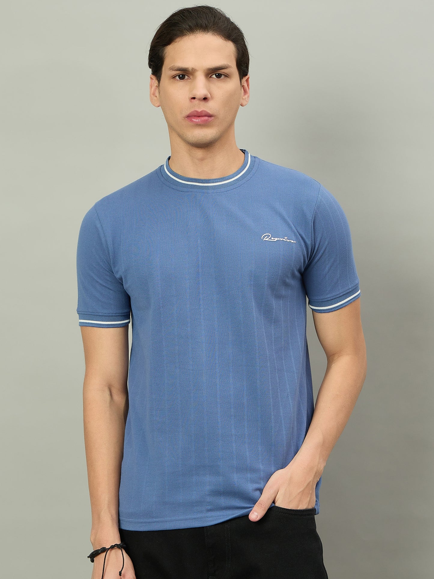 Men Summer Sky Blue Solid Round Neck Half Sleeve Tshirt
