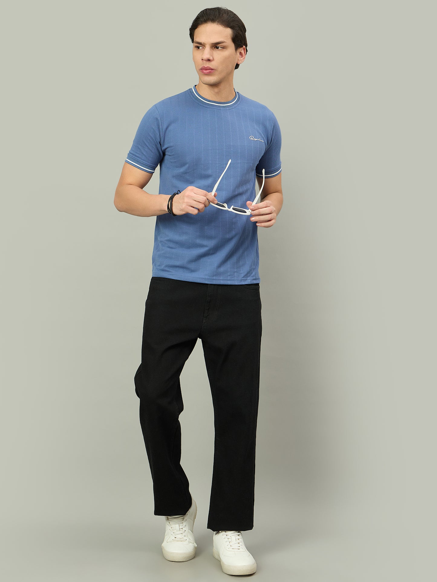 Men Summer Sky Blue Solid Round Neck Half Sleeve Tshirt