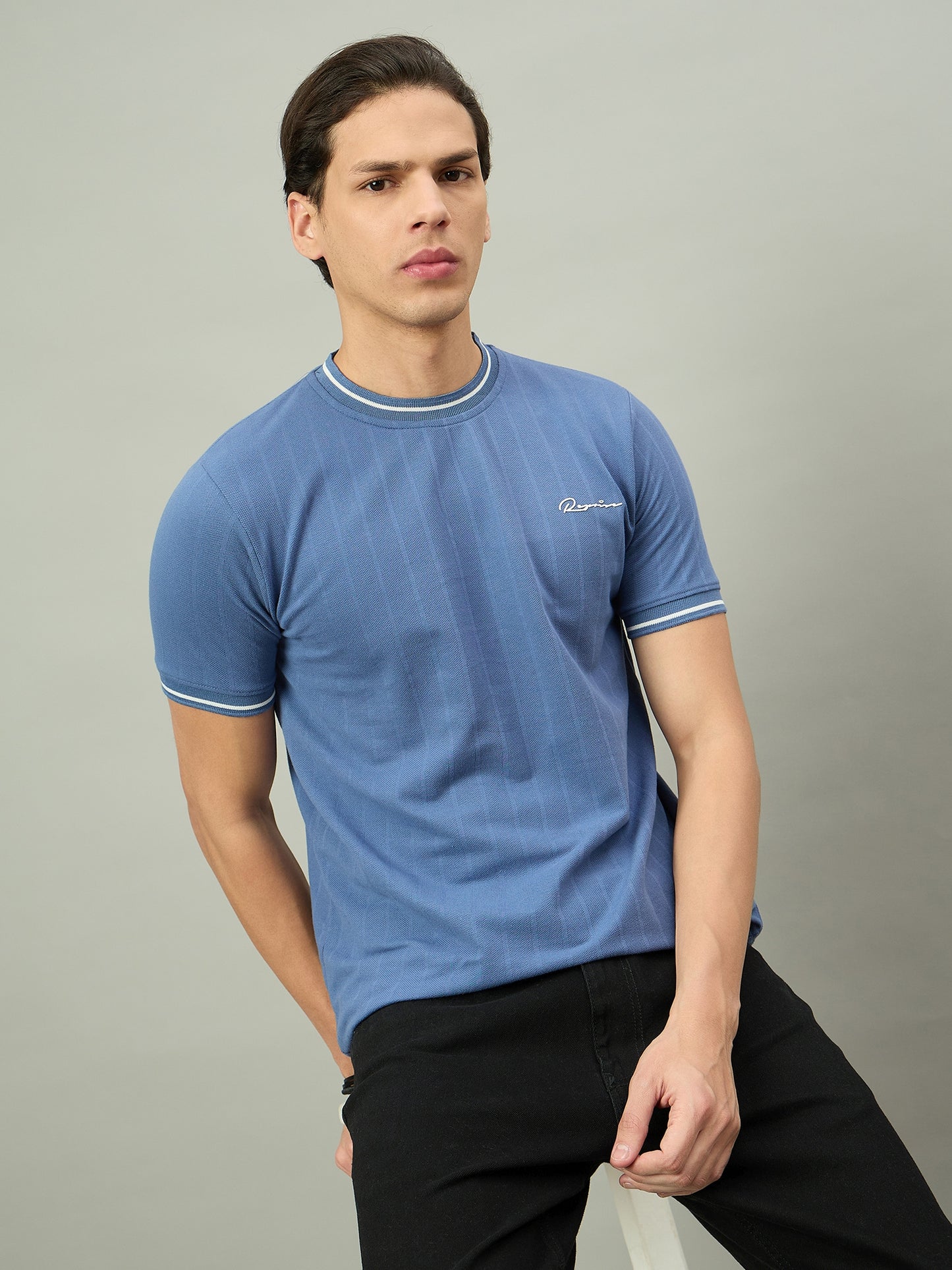 Men Summer Sky Blue Solid Round Neck Half Sleeve Tshirt