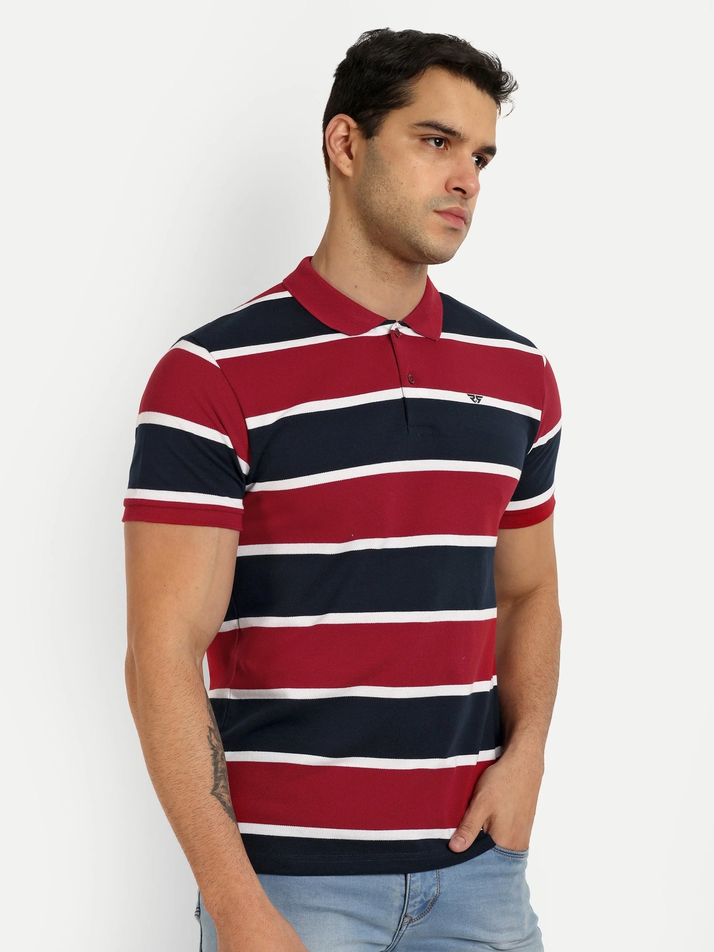 Men Striped Polo T-Shirt Maroon