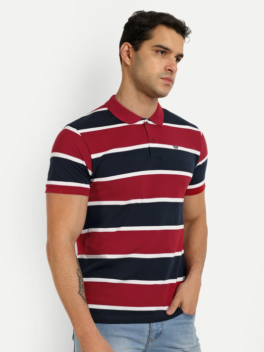 Men Striped Polo T-Shirt Maroon