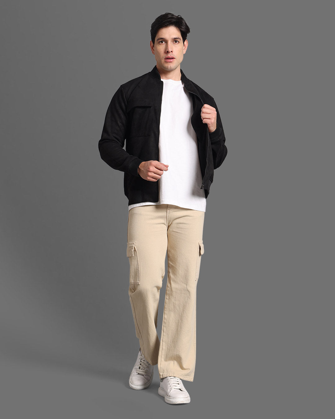 Black Stand Collar Bomber Suede Jacket - Reprise