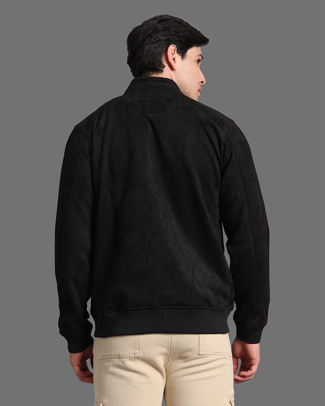 Black Stand Collar Bomber Suede Jacket - Reprise
