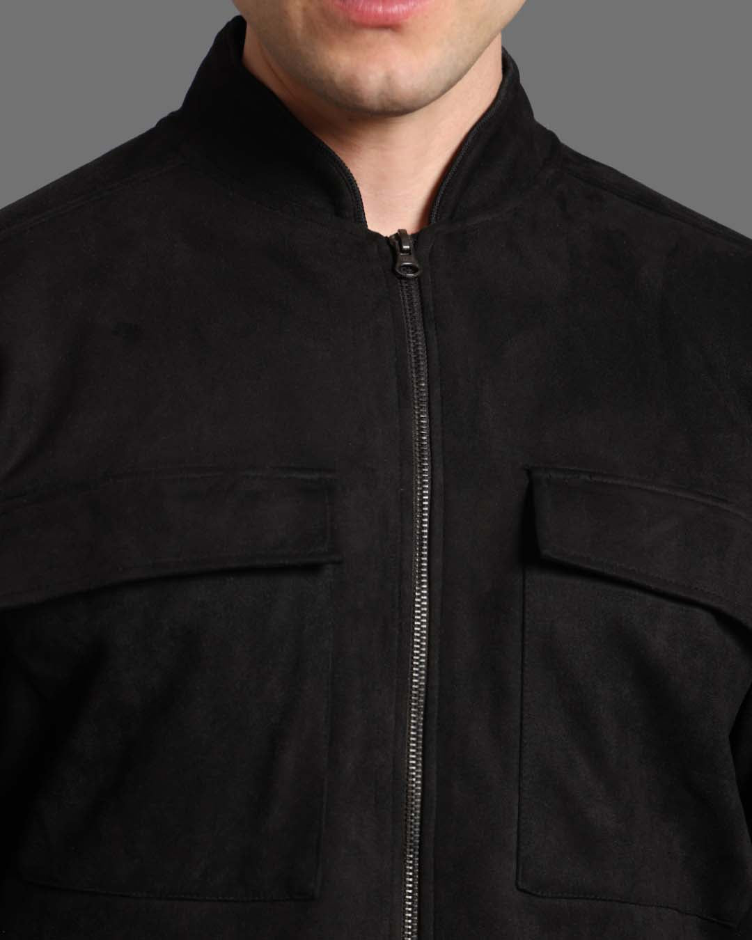 Black Stand Collar Bomber Suede Jacket - Reprise