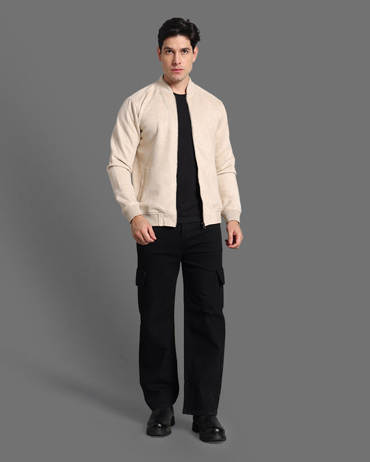 Off White Suede Jacket With Stand Collar