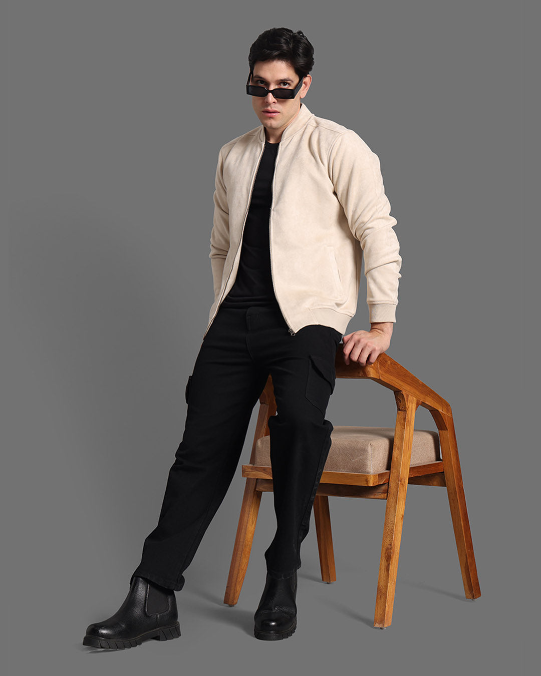 Off White Suede Jacket With Stand Collar