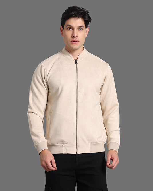 Off White Suede Jacket With Stand Collar