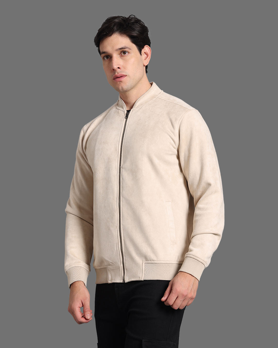 Off White Suede Jacket With Stand Collar