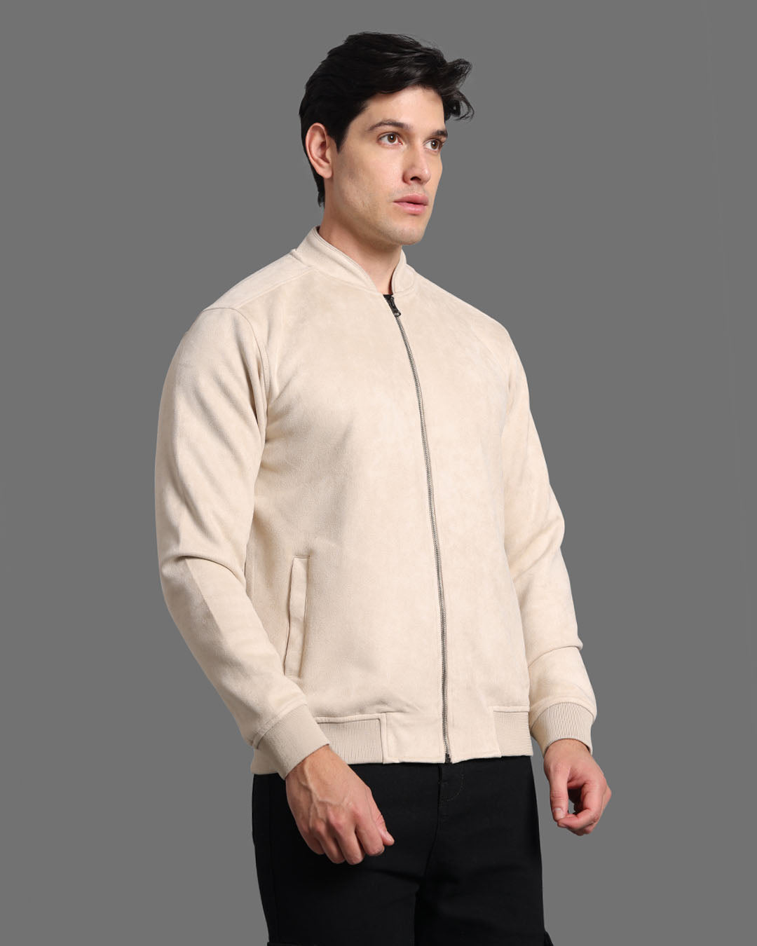 Off White Suede Jacket With Stand Collar