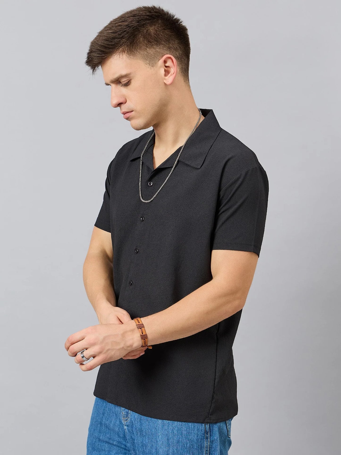 7-Men Regular Fit Spread Collar Shirt Black