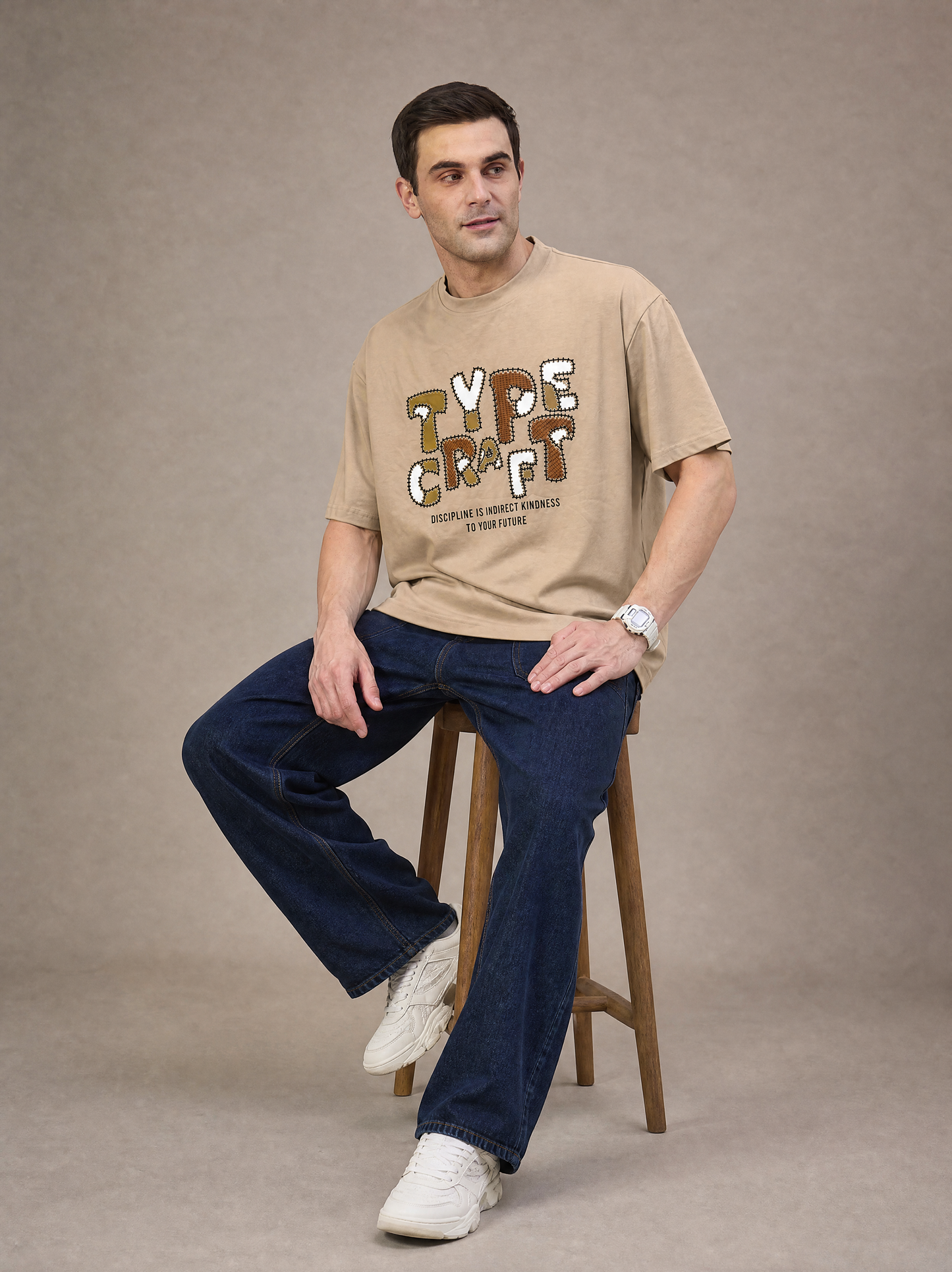 Men Oversized Printed Round Neck Drop shoulder T-shirt Beige