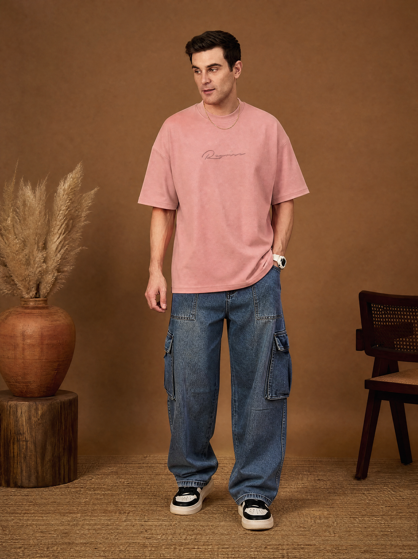 Men Oversize Printed Round Neck T-shirt Peach