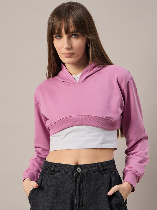 Women Dark Pink Solid Cropped Hoodie - Reprise