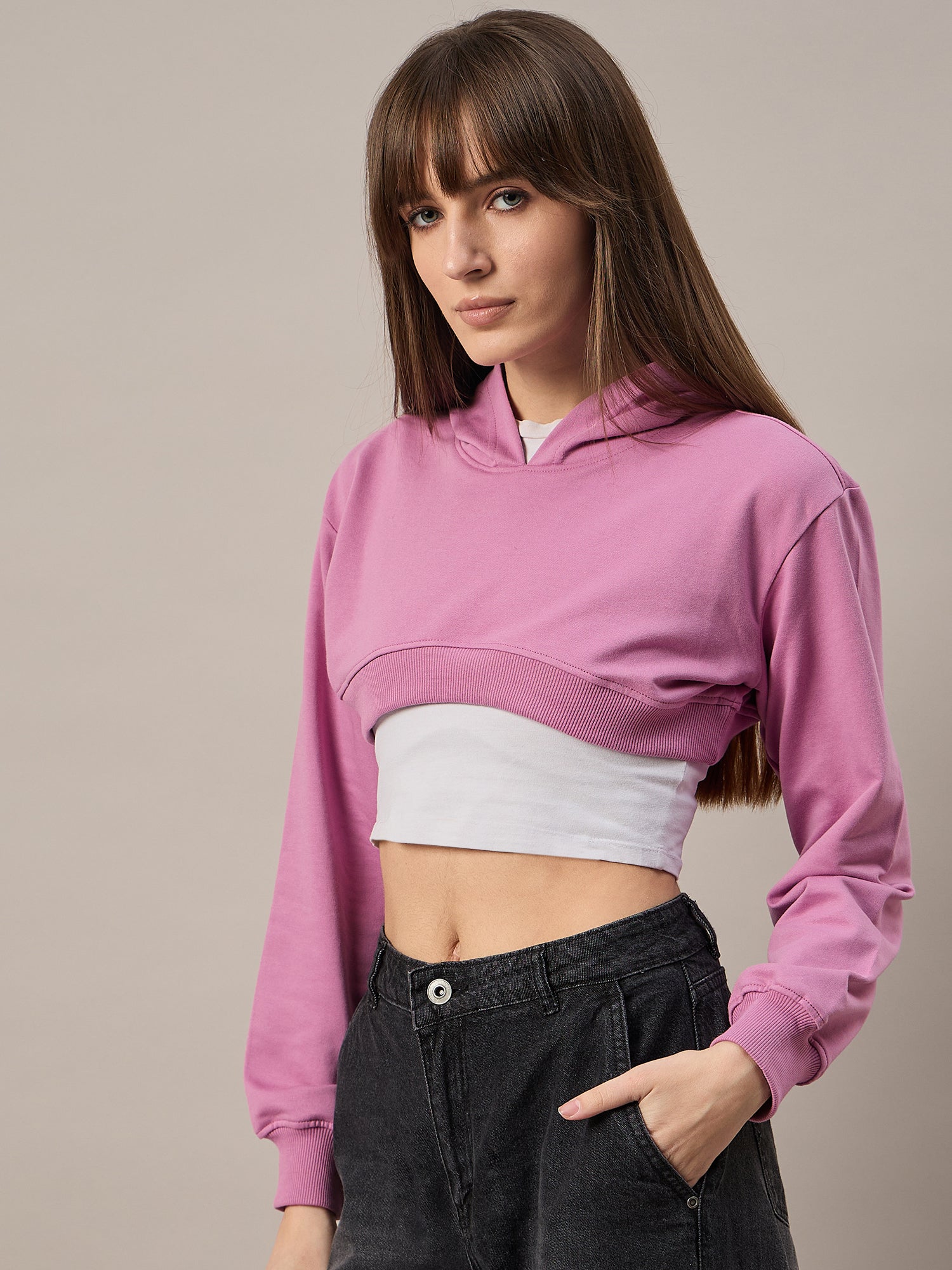 Women Dark Pink Solid Cropped Hoodie - Reprise