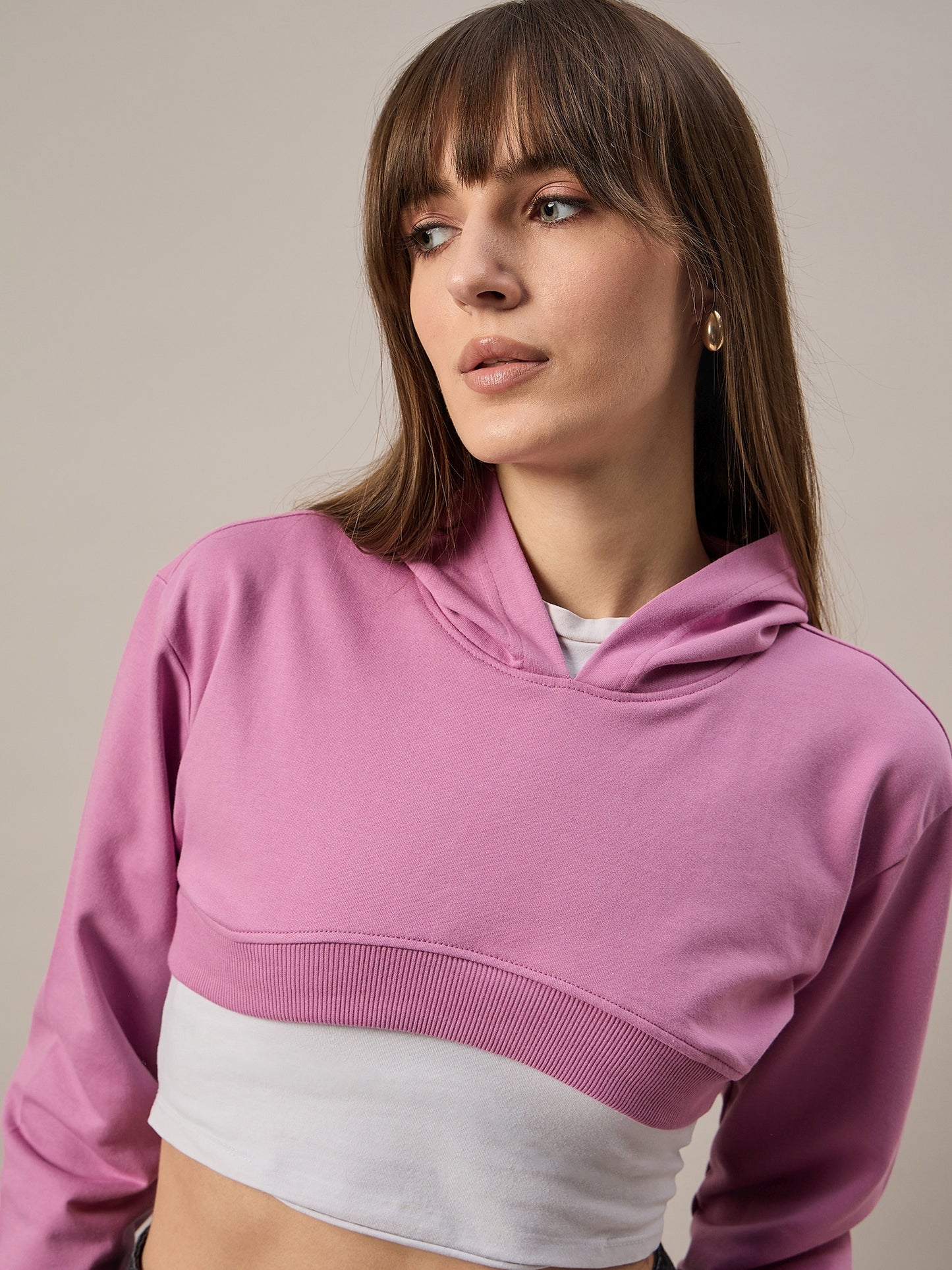 Women Dark Pink Solid Cropped Hoodie - Reprise