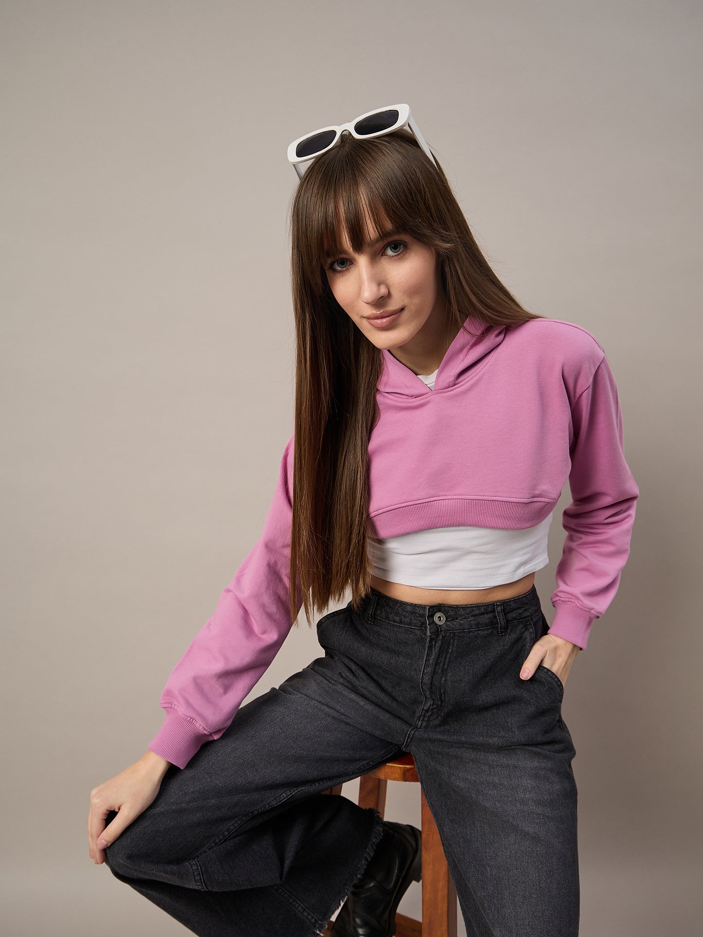 Women Dark Pink Solid Cropped Hoodie - Reprise