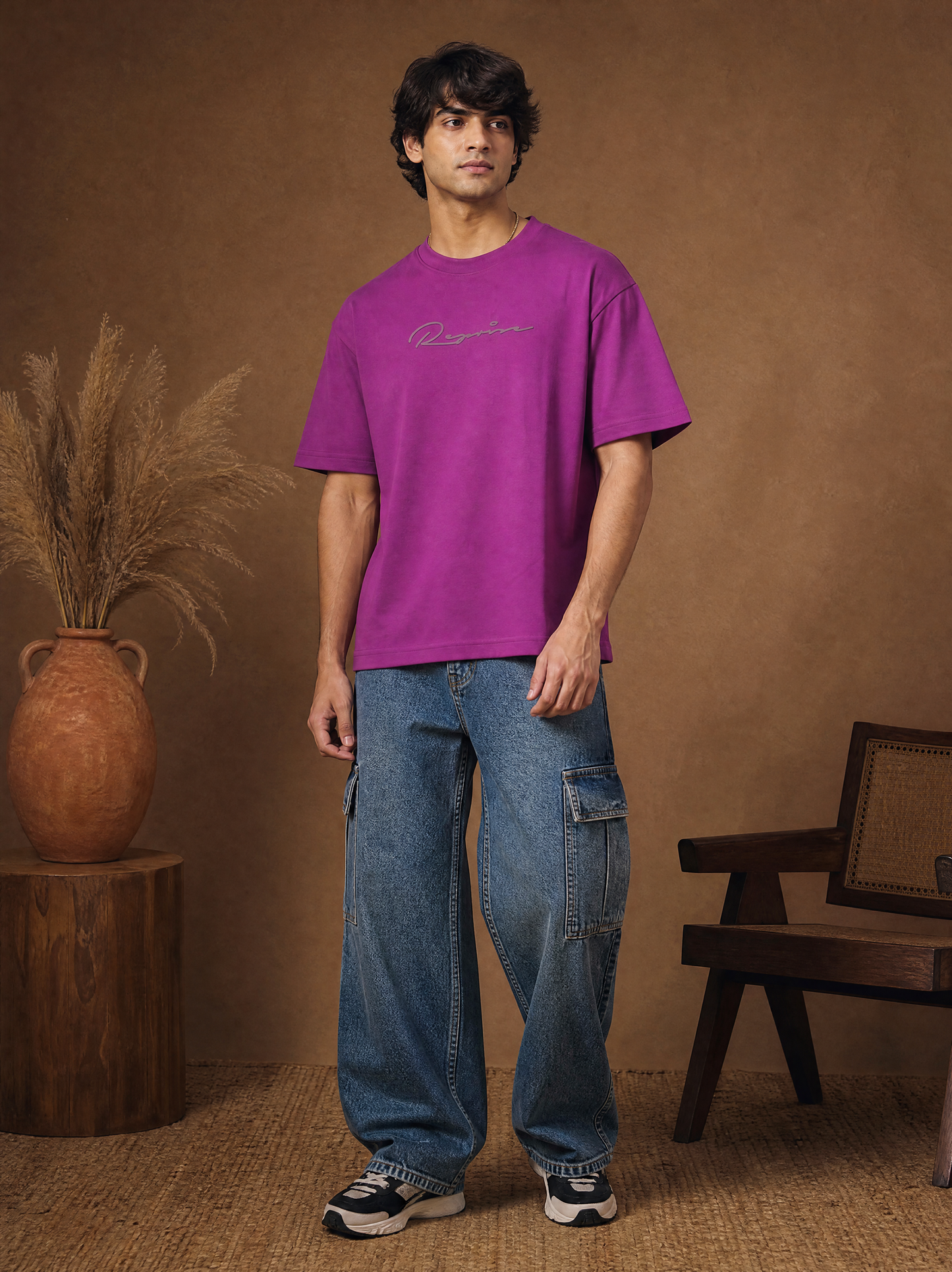 Men Oversize Printed Round Neck T-shirt Magenta